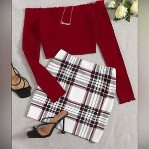 SHEIN PRIVÉ Off Shoulder Lettuce Edge Tee and Tartan Skirt Set